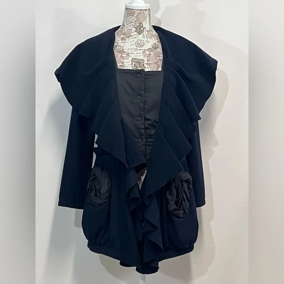 🛍️KATHERINE BARCLAY “Unique” Black Wool blend Frock/coat size S. - Picture 2 of 14